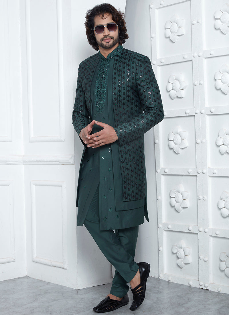 Art Silk Green Wedding Wear Embroidery Work Readymade Sherwani 352548
