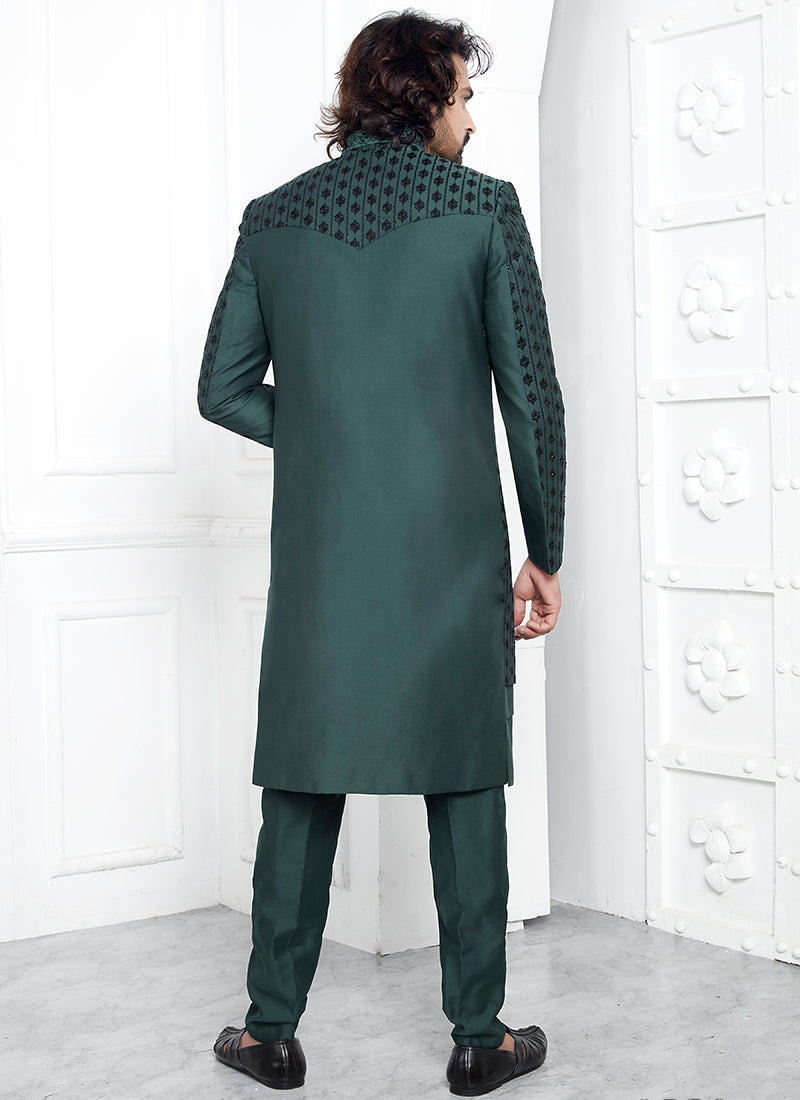 Art Silk Green Wedding Wear Embroidery Work Readymade Sherwani 352548