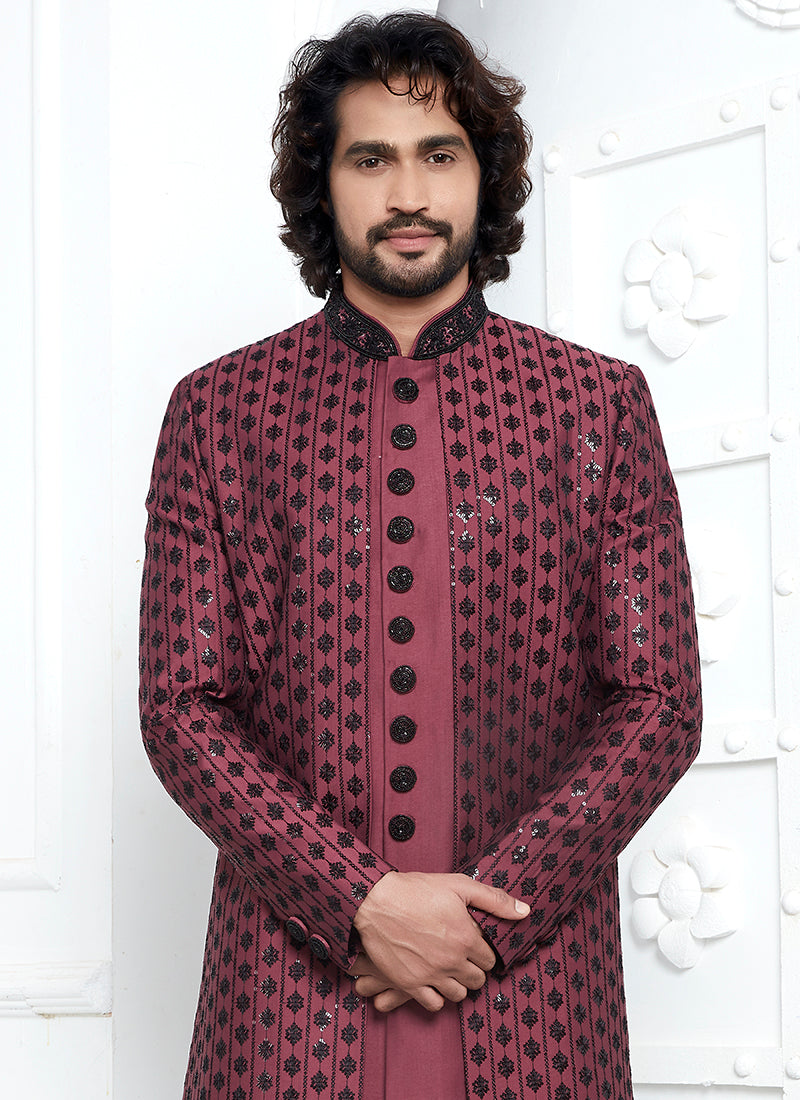 Art Silk Rose Pink Wedding Wear Embroidery Work Readymade Sherwani 352549