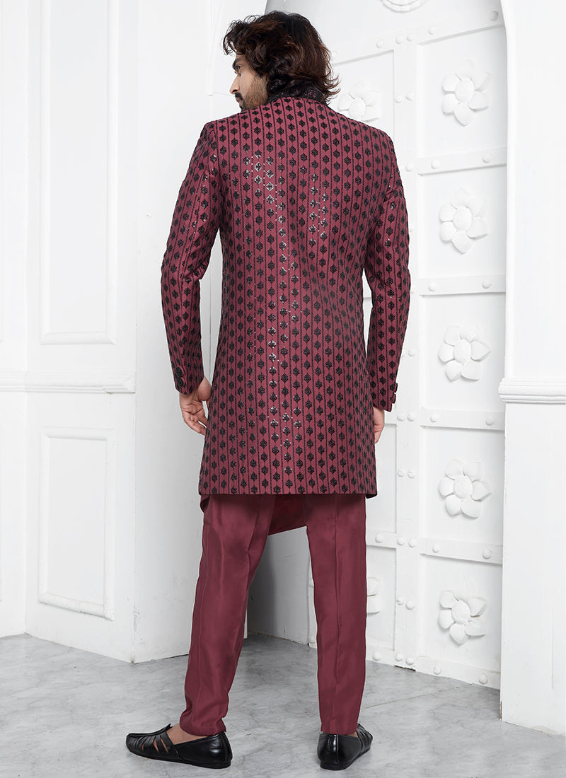 Art Silk Rose Pink Wedding Wear Embroidery Work Readymade Sherwani 352549