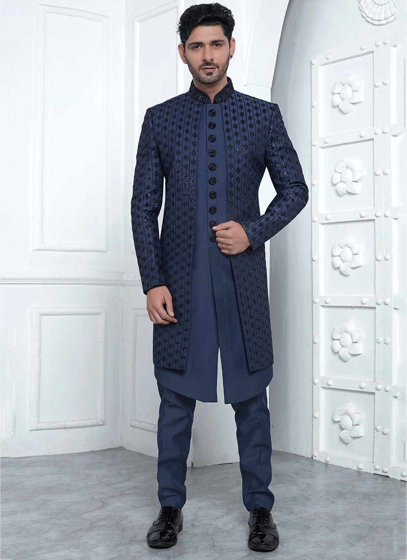 Art Silk Blue Wedding Wear Embroidery Work Readymade Sherwani 352550
