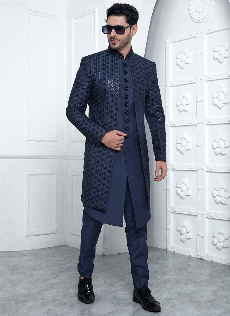 Art Silk Blue Wedding Wear Embroidery Work Readymade Sherwani 352550