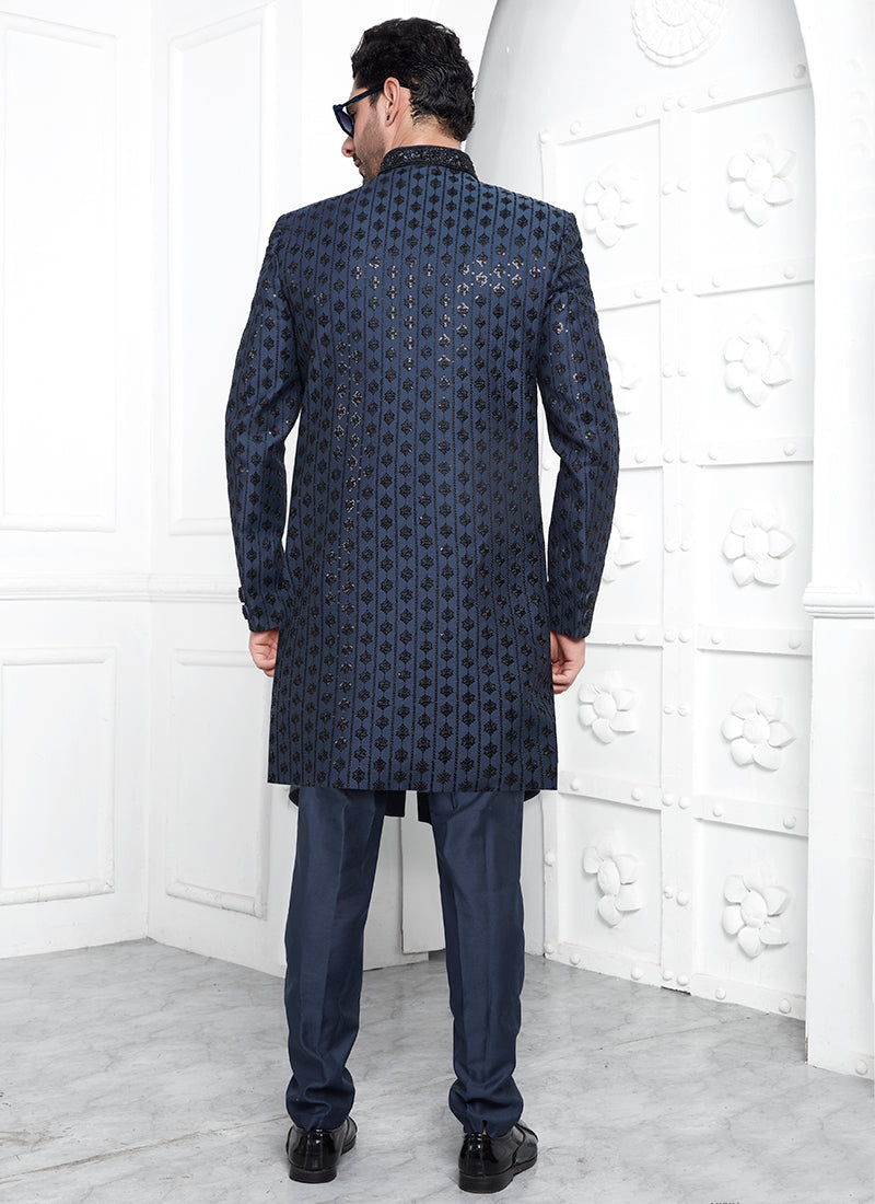 Art Silk Blue Wedding Wear Embroidery Work Readymade Sherwani 352550