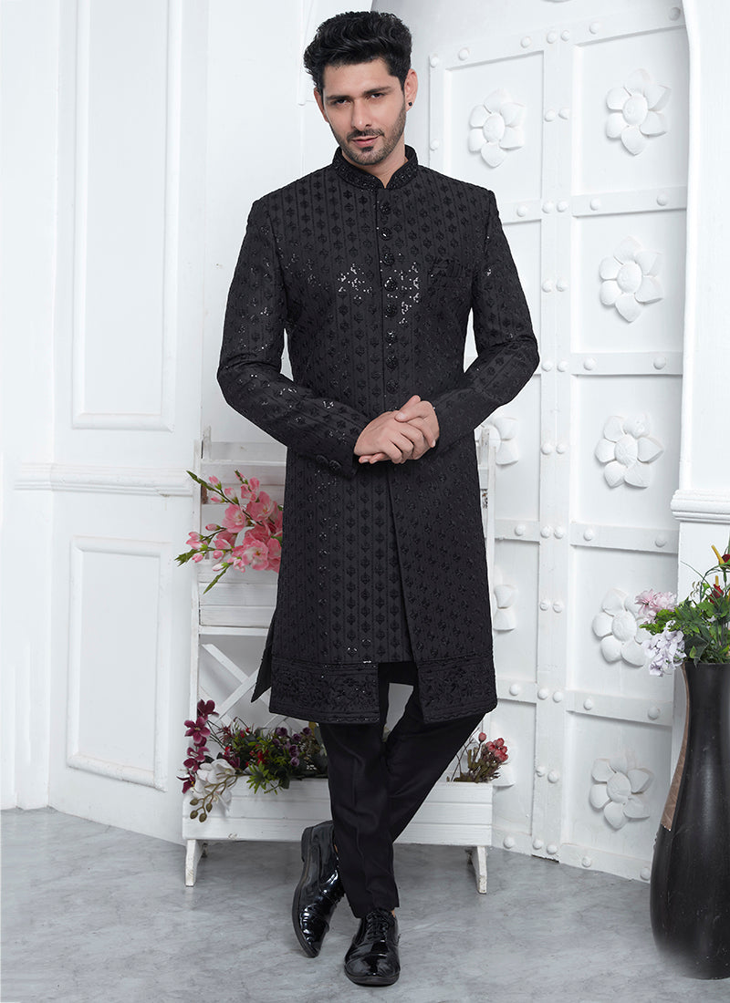 Art Silk Black Wedding Wear Embroidery Work Readymade Sherwani 352551