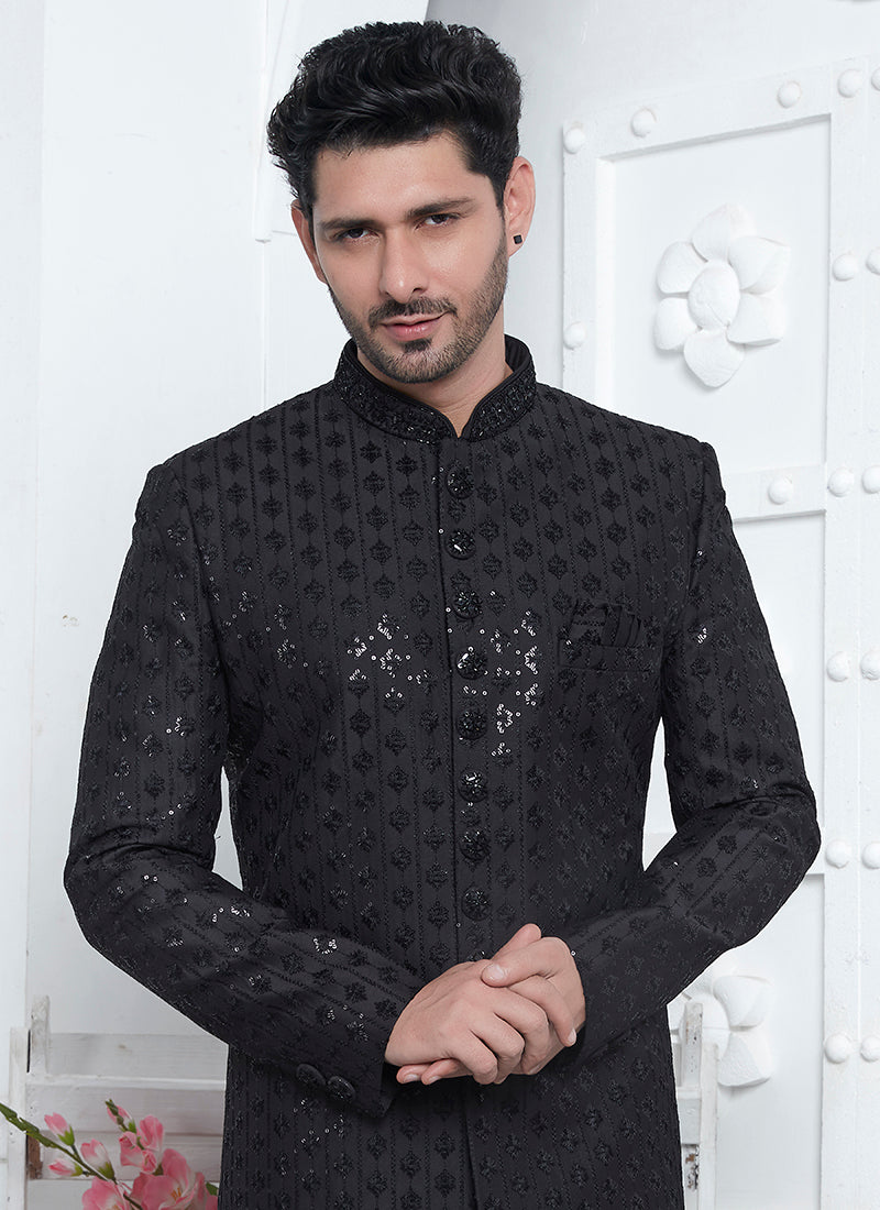 Art Silk Black Wedding Wear Embroidery Work Readymade Sherwani 352551