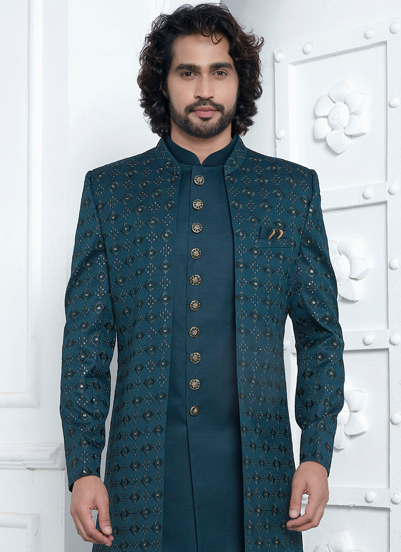 Art Silk Green Wedding Wear Pattern Pc Readymade Sherwani 352552
