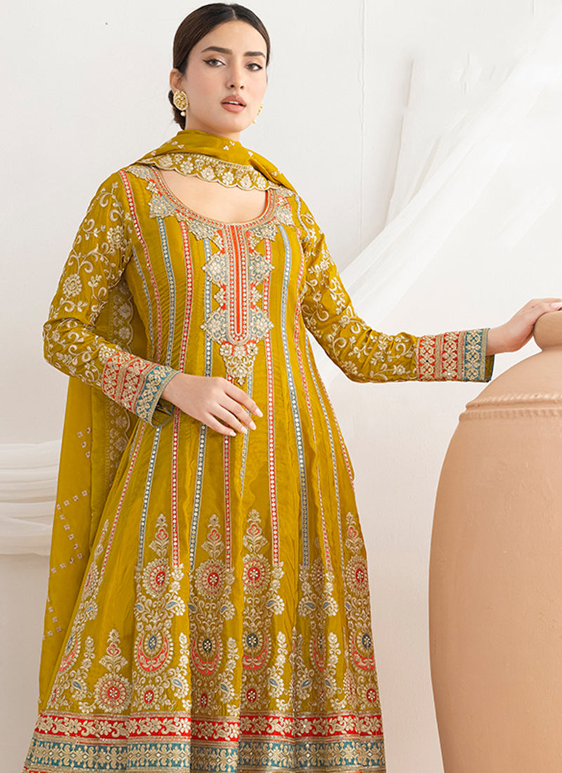 Silk Mustard Wedding Wear Embroidery Work Readymade Anarkali Suit 387679