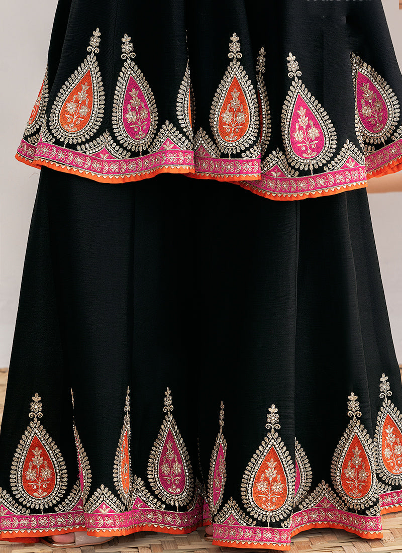 Chinon Black Occasional Wear Embroidery Work Readymade Plazzo Suit 387678