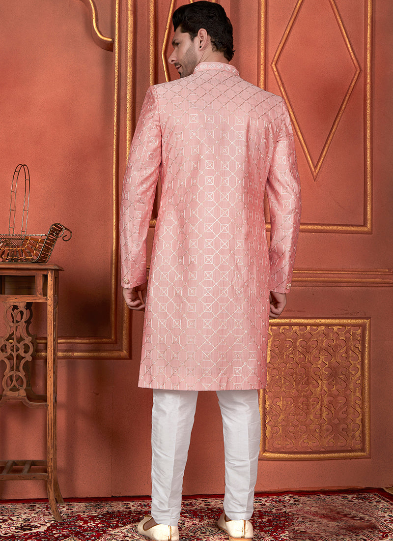 Silk Pink Wedding Wear Computer Thread Readymade Indowestern Sherwani 348350