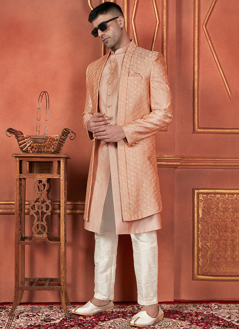 Silk Orange Wedding Wear Computer Thread Readymade Indowestern Sherwani 348352