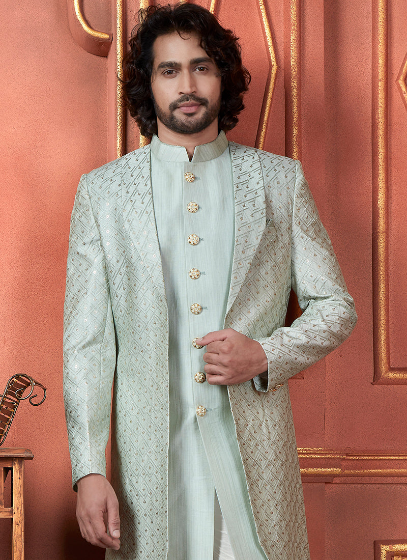 Silk Pista Green Wedding Wear Computer Thread Readymade Indowestern Sherwani 348353