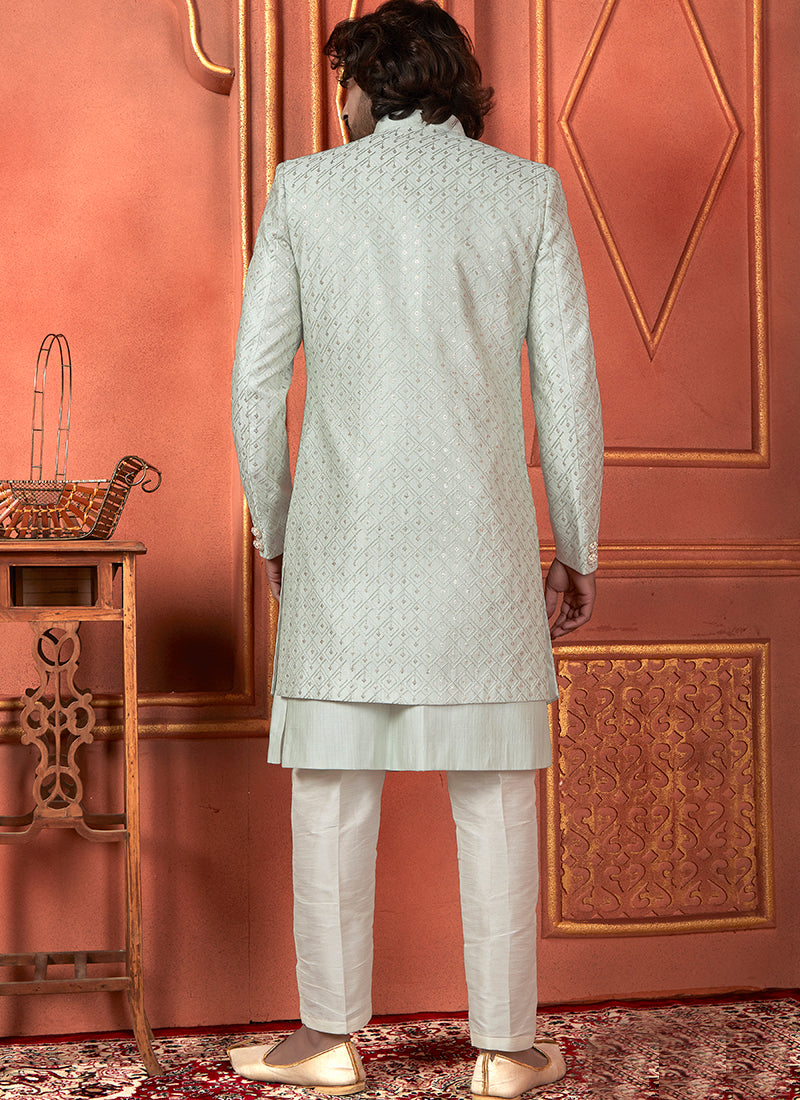Silk Pista Green Wedding Wear Computer Thread Readymade Indowestern Sherwani 348353