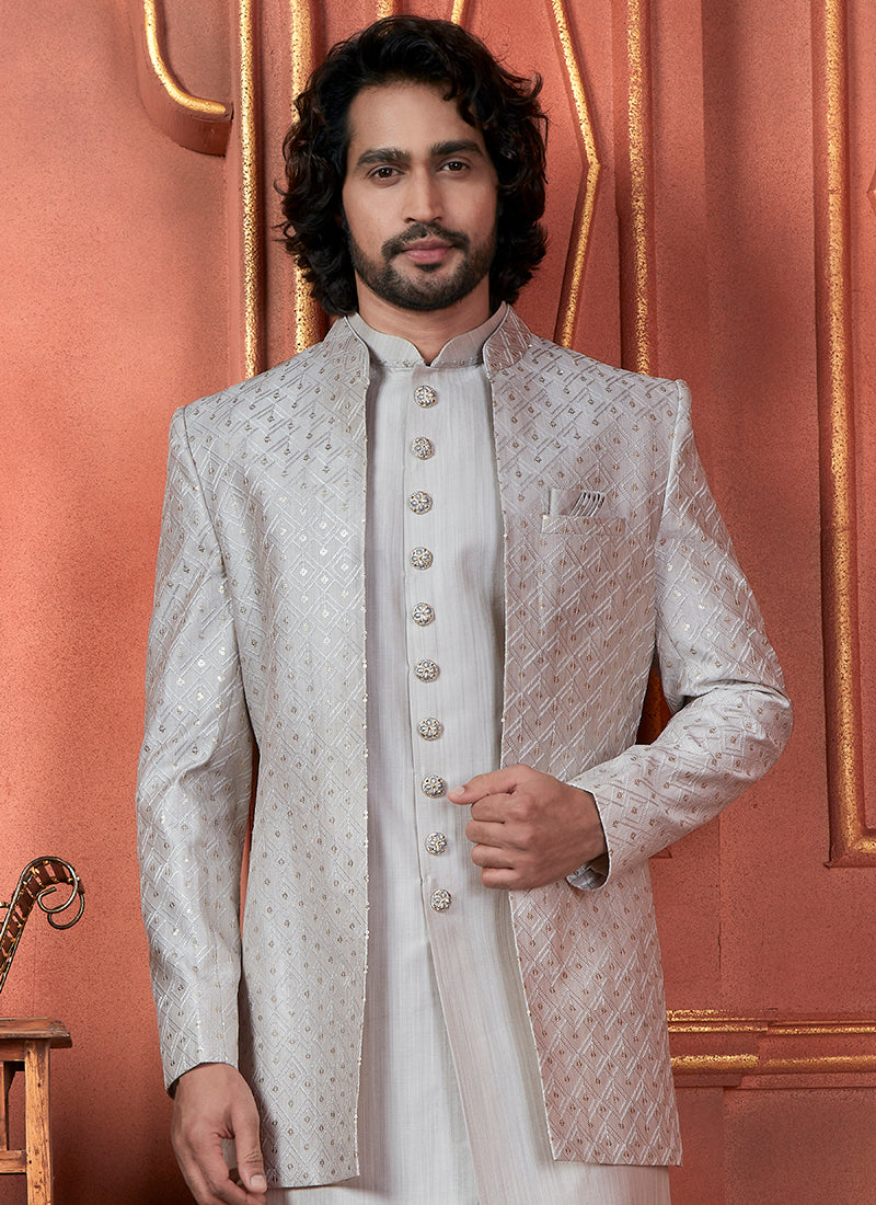 Silk Grey Wedding Wear Computer Thread Readymade Indowestern Sherwani 348354