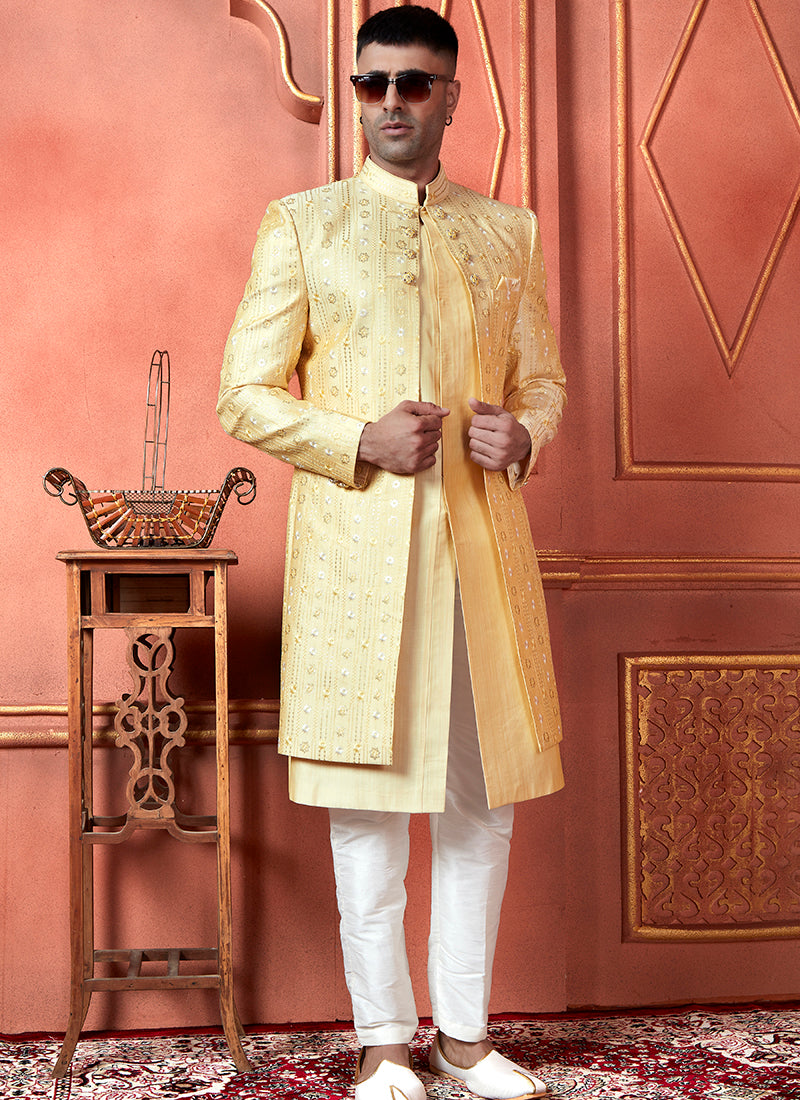 Silk Yellow Wedding Wear Computer Thread Readymade Indowestern Sherwani 348355