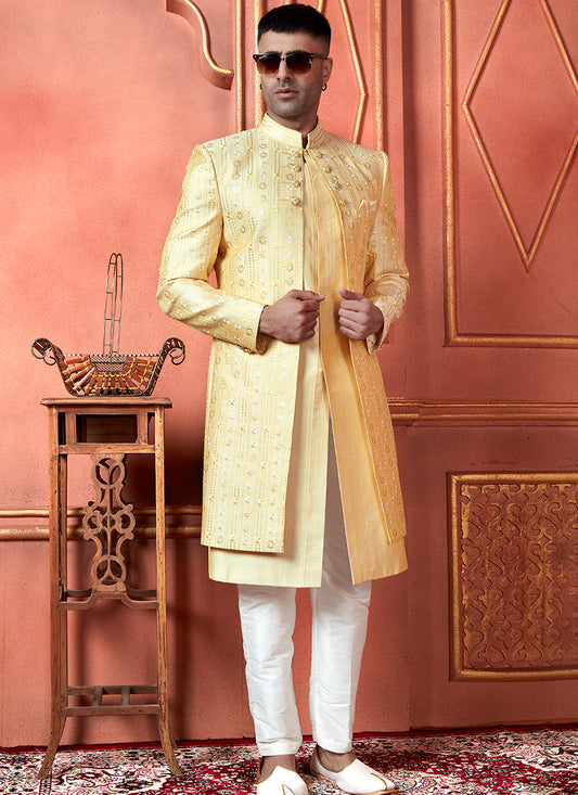 Silk Yellow Wedding Wear Computer Thread Readymade Indowestern Sherwani 348355
