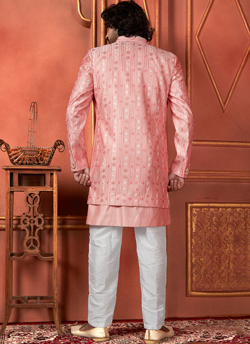 Silk Pink Wedding Wear Computer Thread Readymade Indowestern Sherwani 348357