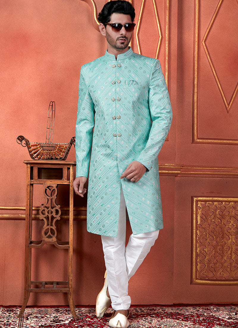 Silk Green Wedding Wear Computer Thread Readymade Indowestern Sherwani 348358