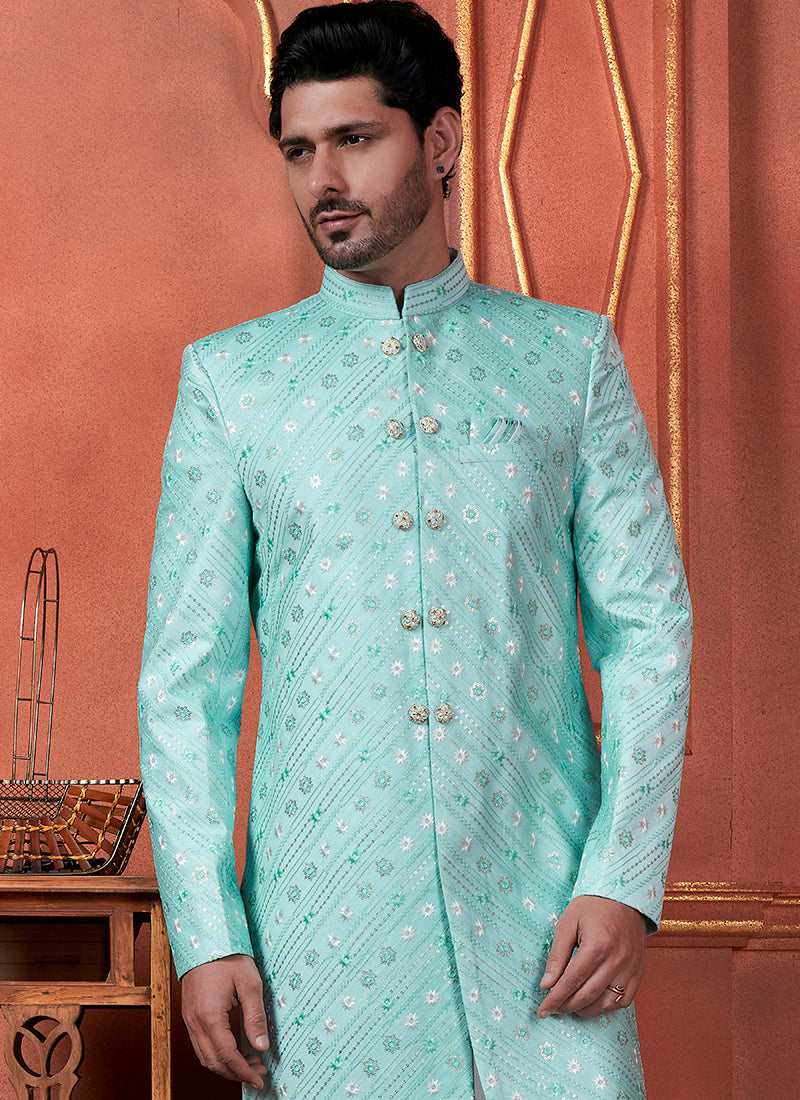 Silk Green Wedding Wear Computer Thread Readymade Indowestern Sherwani 348358
