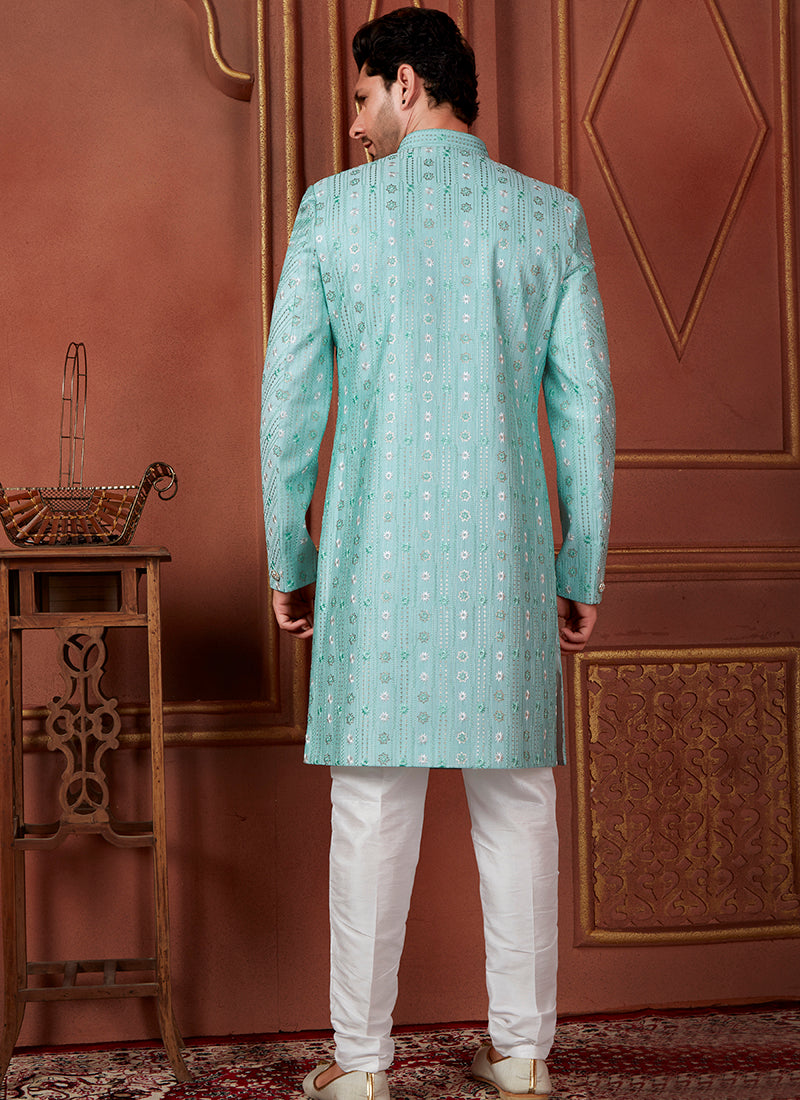 Silk Green Wedding Wear Computer Thread Readymade Indowestern Sherwani 348358