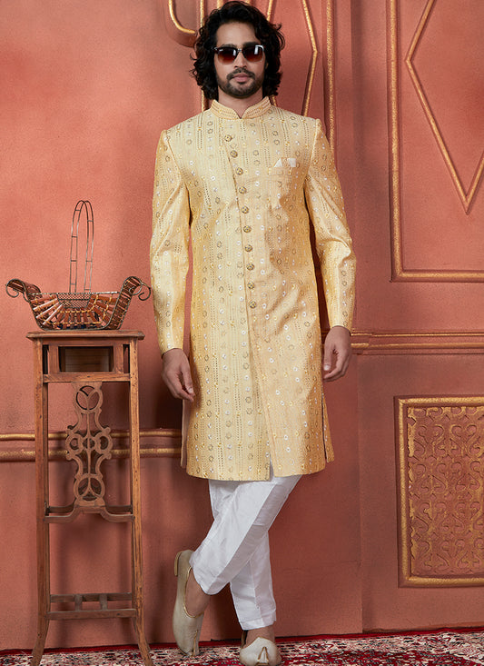 Silk Yellow Wedding Wear Computer Thread Readymade Indowestern Sherwani 348360