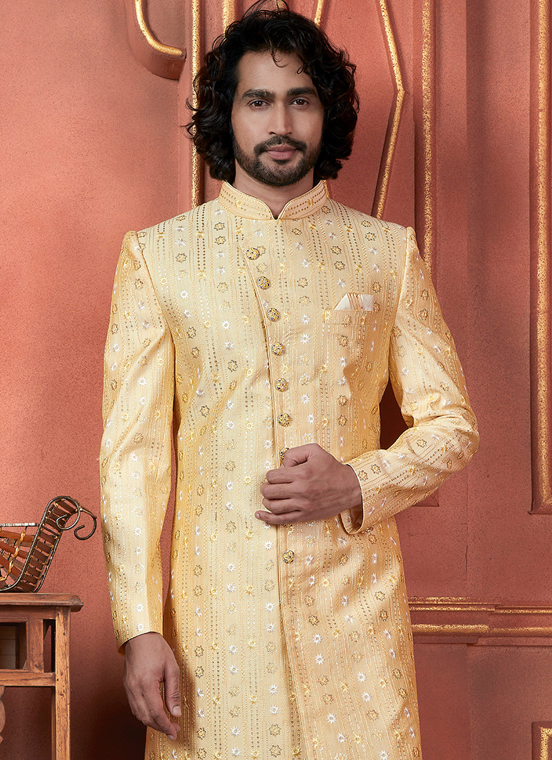 Silk Yellow Wedding Wear Computer Thread Readymade Indowestern Sherwani 348360