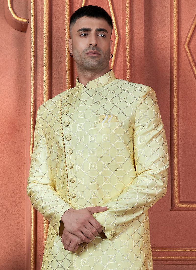 Silk Yellow Wedding Wear Computer Thread Readymade Indowestern Sherwani 348362