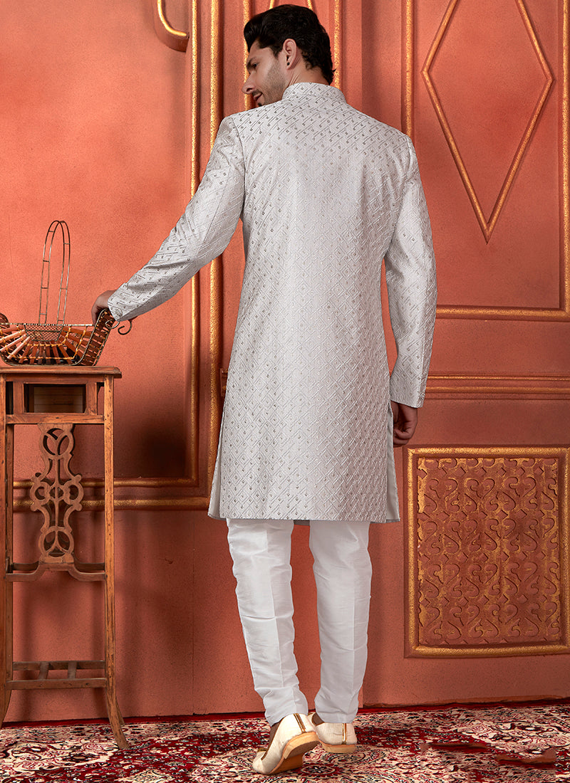 Silk Grey Wedding Wear Computer Thread Readymade Indowestern Sherwani 348364