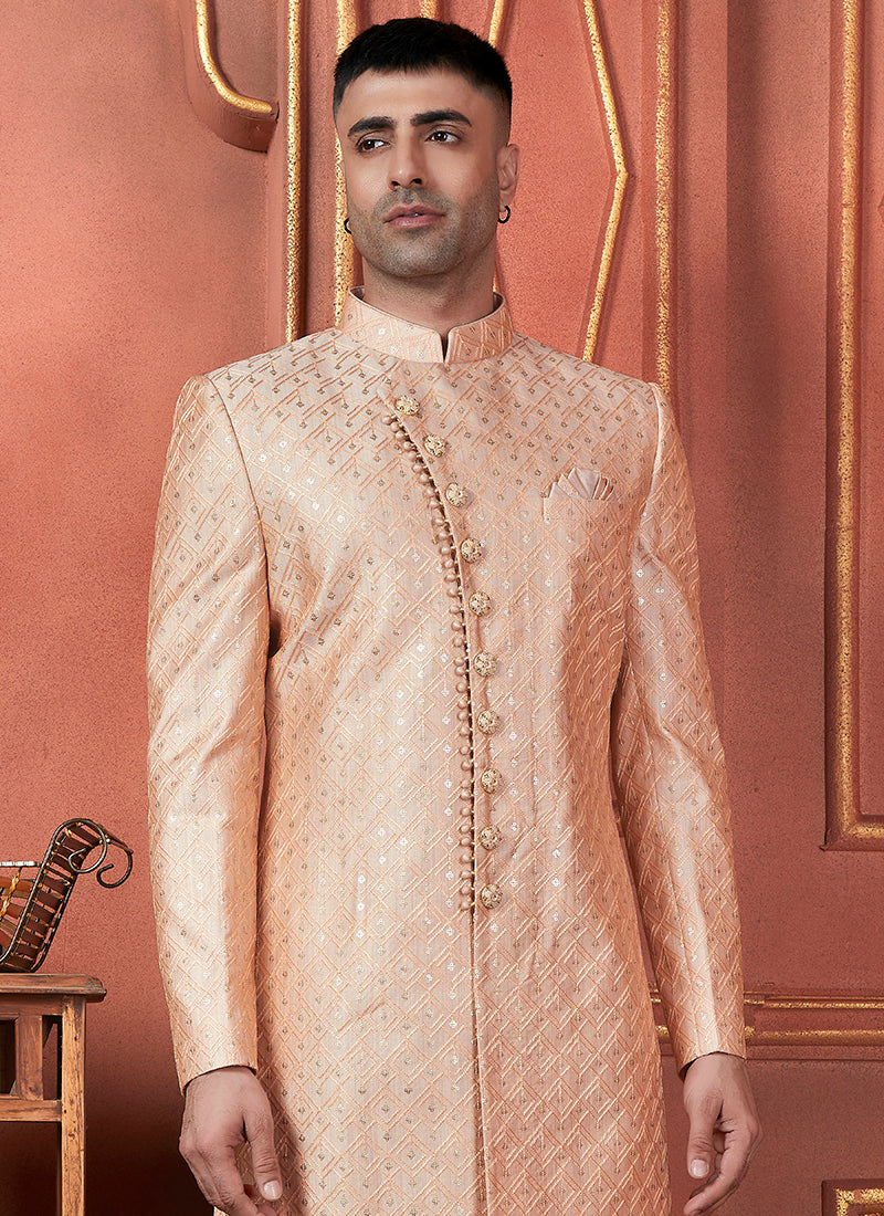 Silk Orange Wedding Wear Computer Thread Readymade Indowestern Sherwani 348365