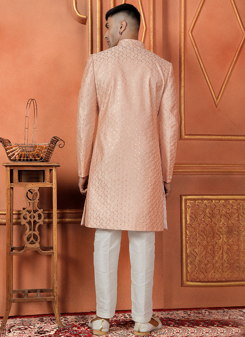 Silk Orange Wedding Wear Computer Thread Readymade Indowestern Sherwani 348365