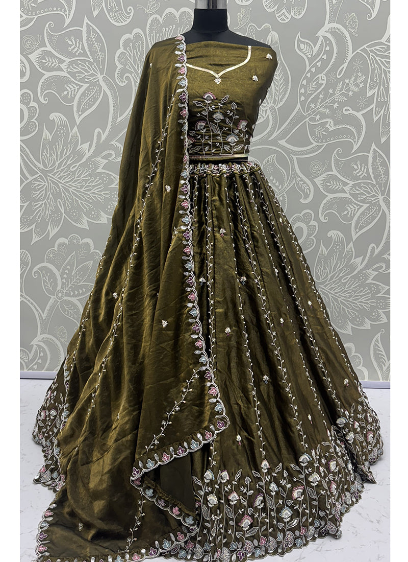 Satin Lehenga Choli with Zari Embroidery Work for Wedding Wear