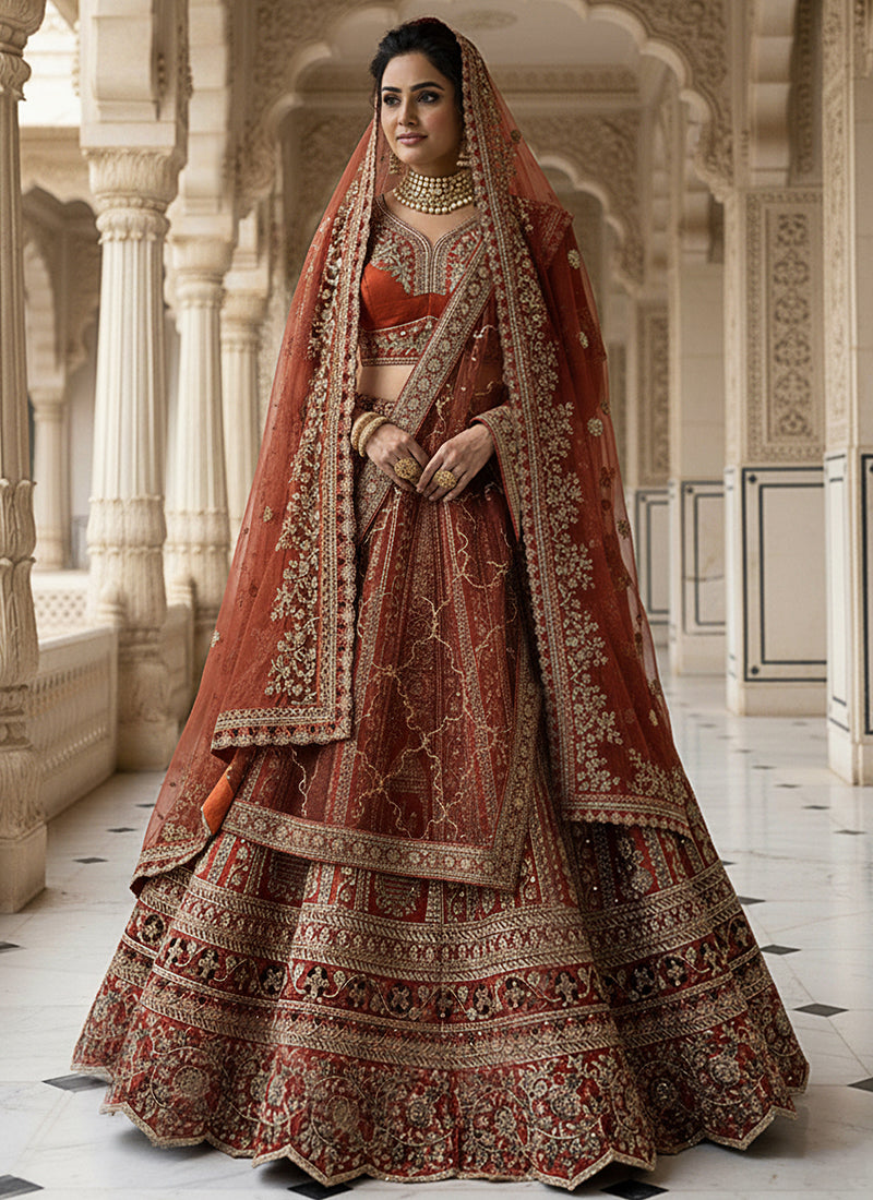 Silk Orange Wedding Wear Embroidery Work Lehenga Choli 385809