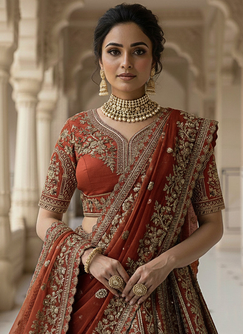 Silk Orange Wedding Wear Embroidery Work Lehenga Choli 385809