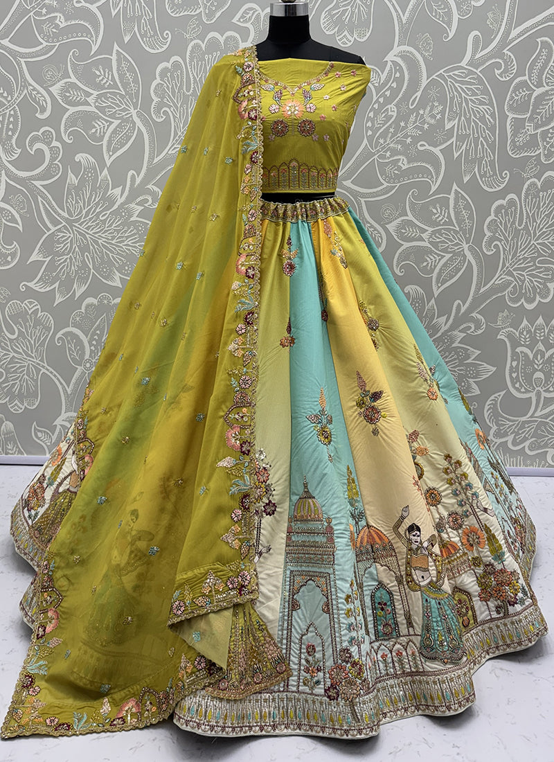 Silk Multi Color Wedding Wear Embroidery Work Lehenga Choli 385813