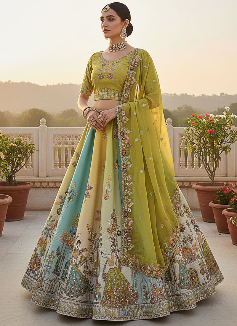 Silk Multi Color Wedding Wear Embroidery Work Lehenga Choli 385813