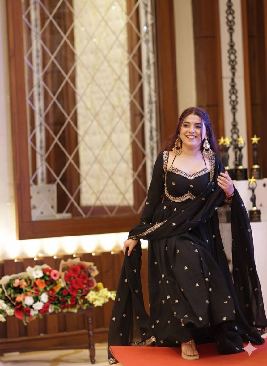 Faux Georgette Black Festival Wear Embroidery Work Readymade Anarkali Gown 385966