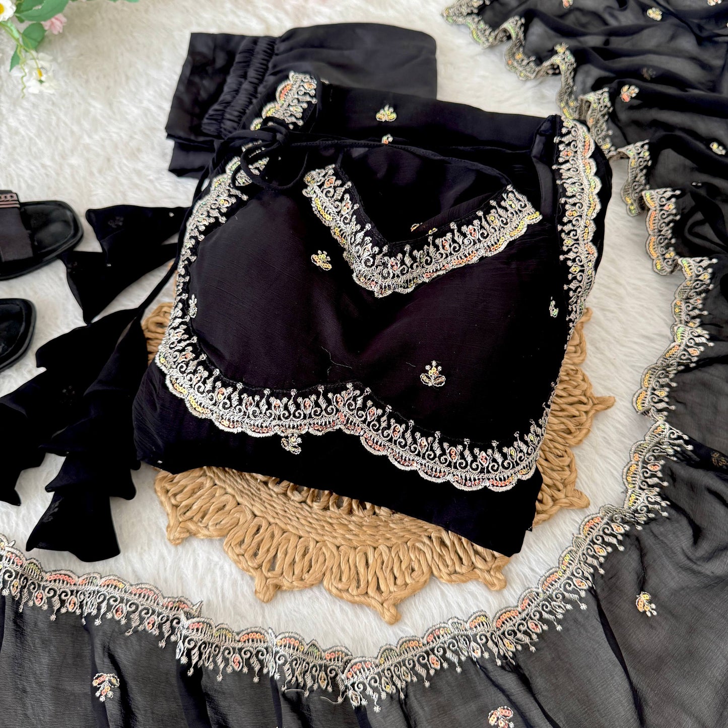 Faux Georgette Black Festival Wear Embroidery Work Readymade Anarkali Gown 385966