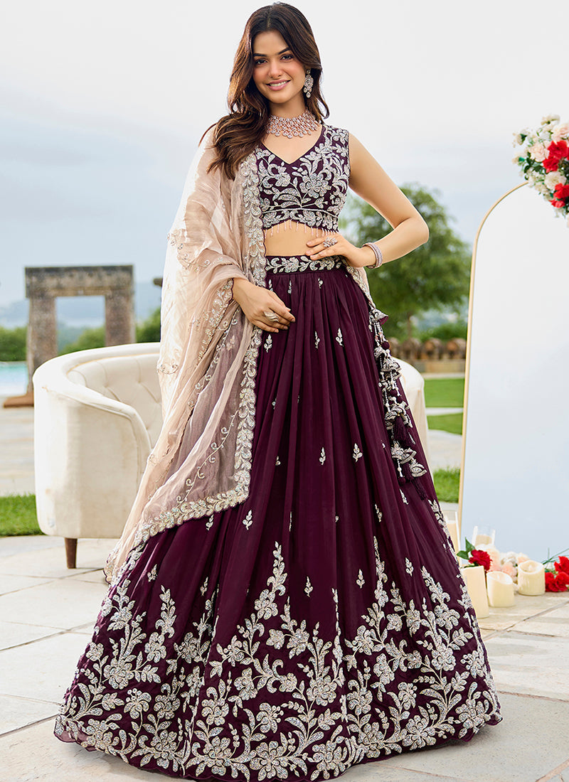 Satin Silk Wine Wedding Wear Heavy Embroidery Readymade Lehenga Choli
