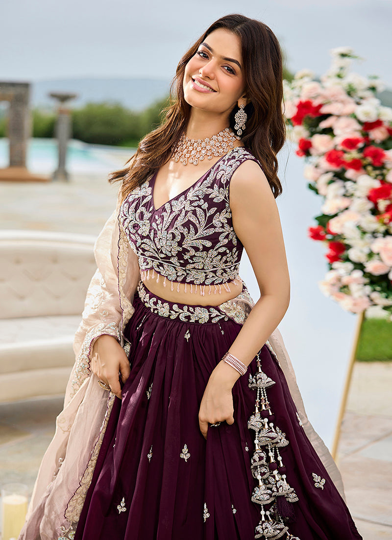 Satin Silk Wine Wedding Wear Heavy Embroidery Readymade Lehenga Choli