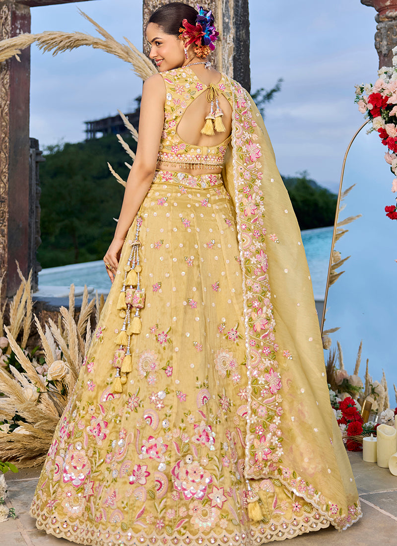 Organza Mustard Yellow Bridal Wear Heavy Embroidery Readymade Lehenga Choli