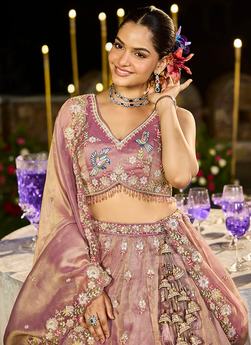 Tissue Vintage Dusty Rose Wedding Wear Embroidery Work Readymade Lehenga Choli