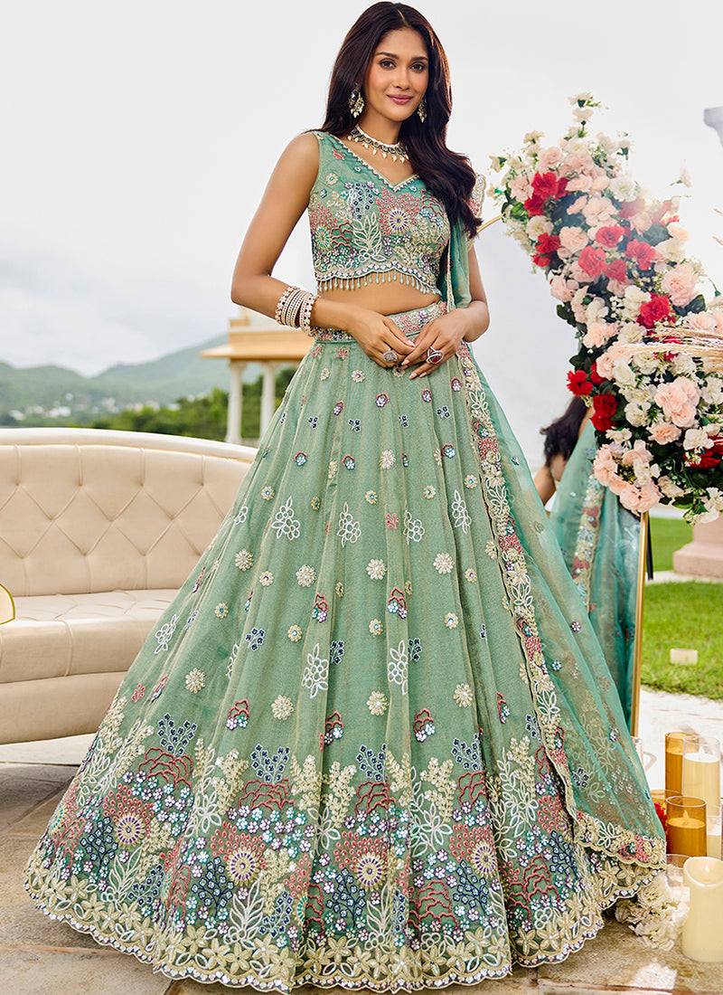 Satin Silk Pastel Green Bridal Wear Embroidery Work Readymade Lehenga Choli