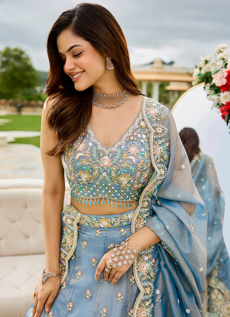 Satin Silk Sky Blue Bridal Wear Heavy Embroidery Readymade Lehenga Choli