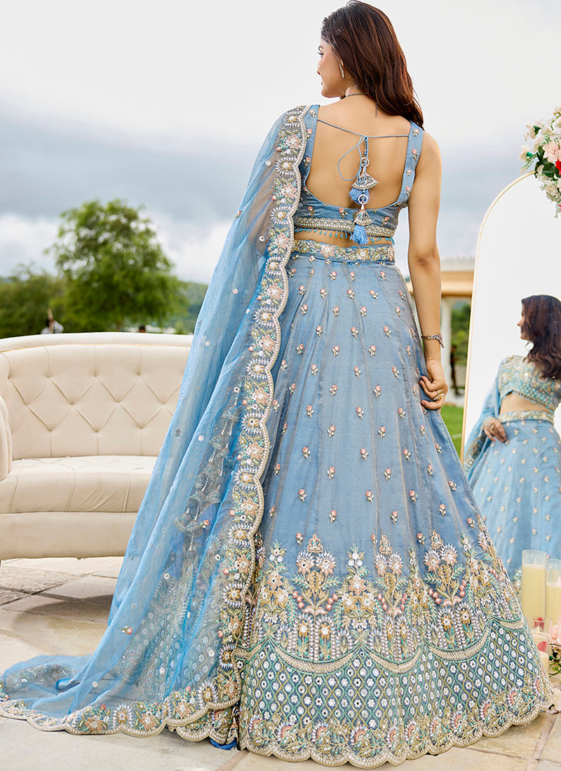 Satin Silk Sky Blue Bridal Wear Heavy Embroidery Readymade Lehenga Choli