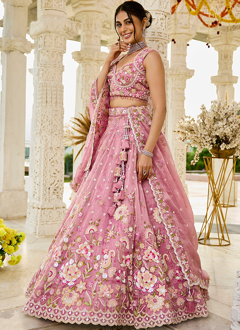 Organza Pink Bridal Wear Heavy Embroidery Readymade Lehenga Choli