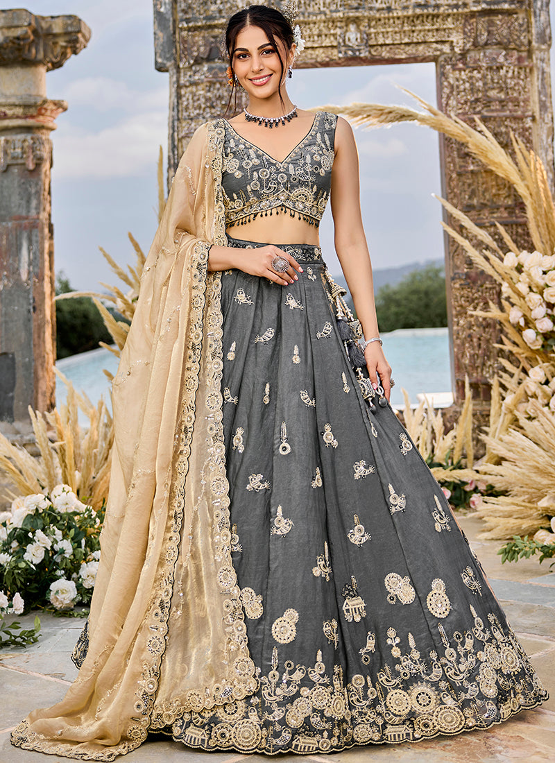Tissue Dark Grey Wedding Wear Heavy Embroidery Readymade Lehenga Choli