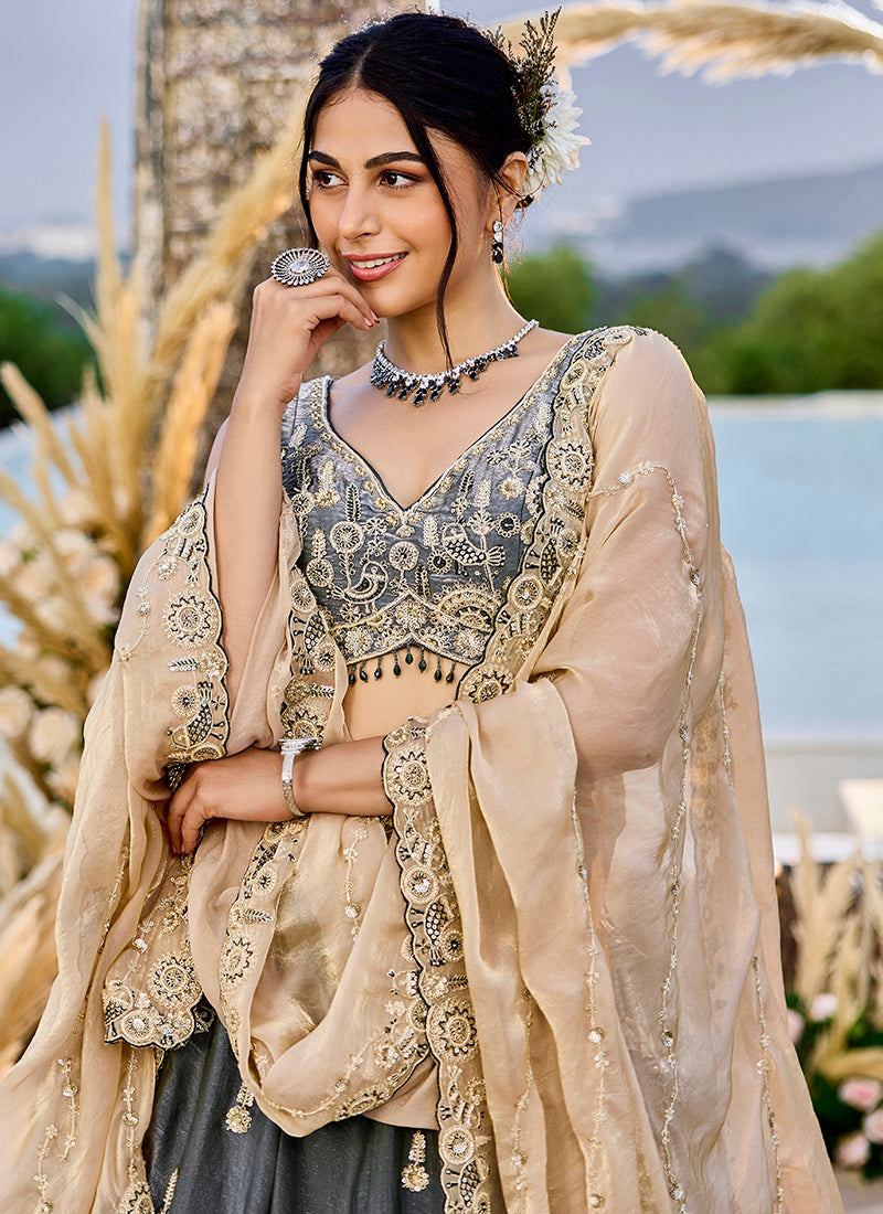 Tissue Dark Grey Bridal Wear Heavy Embroidery Readymade Lehenga Choli