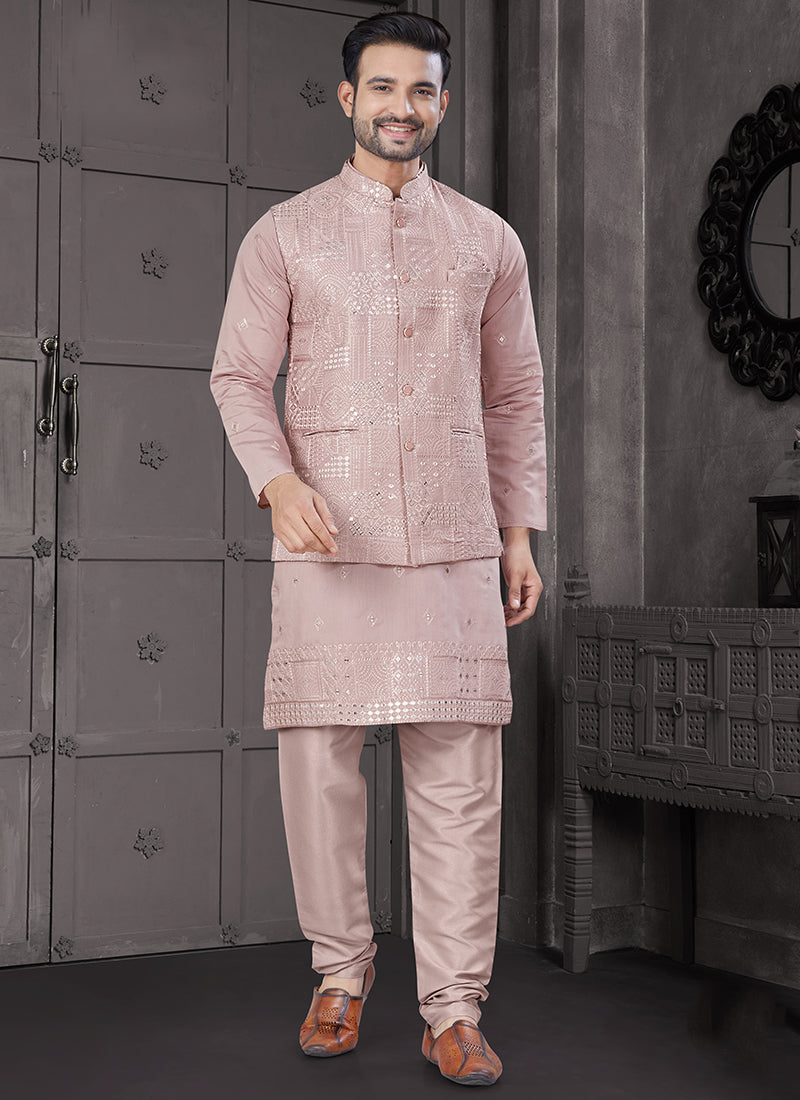 Viscose Pink Festive Wear Embroidery Work Readymade Kurta Pajama