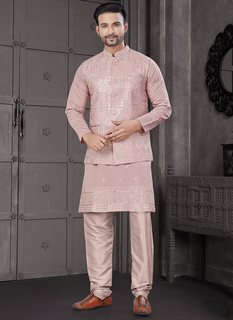 Viscose Pink Festive Wear Embroidery Work Readymade Kurta Pajama