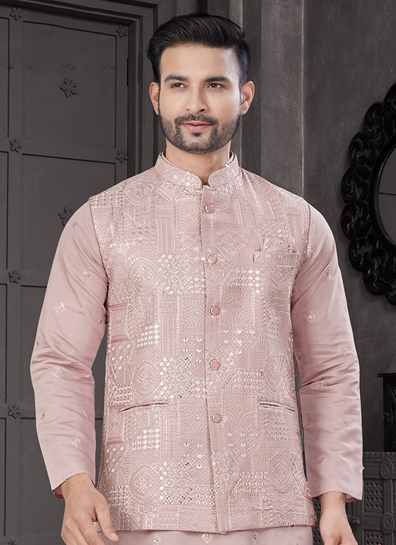 Viscose Pink Festive Wear Embroidery Work Readymade Kurta Pajama