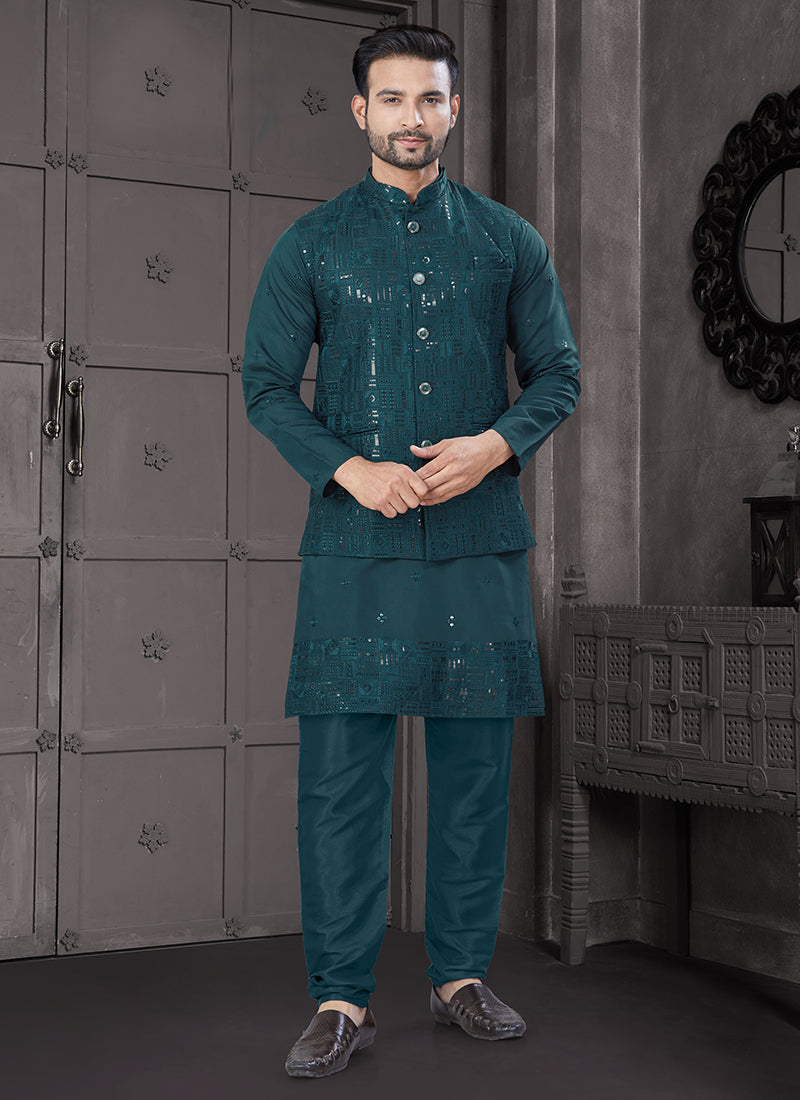 Viscose Rama Festive Wear Embroidery Work Readymade Kurta Pajama